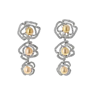 18K White Gold Triple Pearl Floral Motif Diamond Drop Earrings