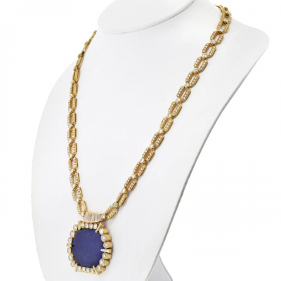 18K YELLOW GOLD 1970S DIAMOND LAPIS DIAMOND CHAIN NECKLACE