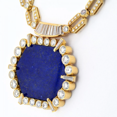 18K YELLOW GOLD 1970S DIAMOND LAPIS DIAMOND CHAIN NECKLACE