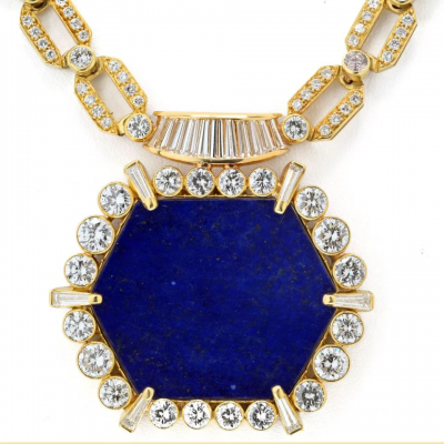 18K YELLOW GOLD 1970S DIAMOND LAPIS DIAMOND CHAIN NECKLACE