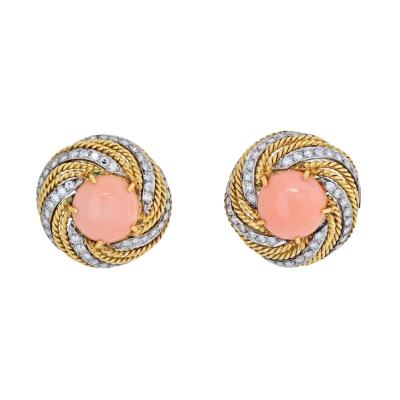 18K YELLOW GOLD CORAL AND DIAMOND SWIRL BOMBE EARRINGS