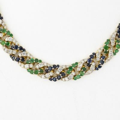18K YELLOW GOLD CUBAN LINK DIAMOND SAPPHIRE AND GREEN EMERALD NECKLACE