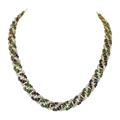 18K YELLOW GOLD CUBAN LINK DIAMOND SAPPHIRE AND GREEN EMERALD NECKLACE