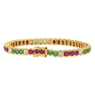 18K YELLOW GOLD DIAMOND EMERALD RUBY BEZEL SET TENNIS BRACELET