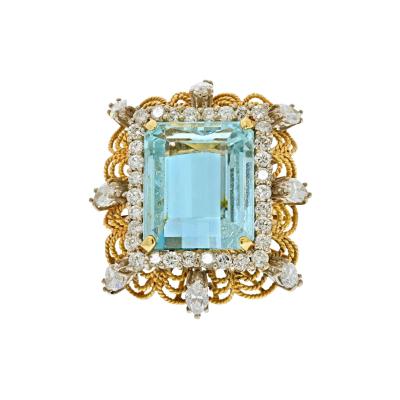 18K YELLOW GOLD EMERALD CUT AQUAMARINE AND DIAMOND HALO RING