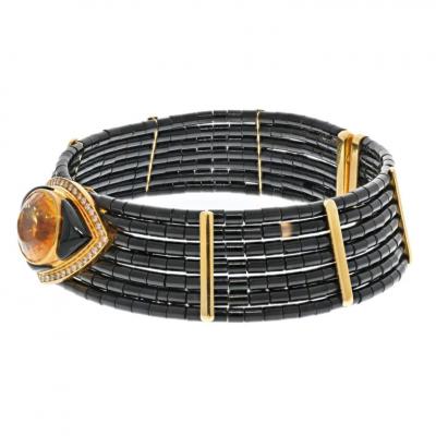 18K YELLOW GOLD ESTATE BLACK ONYX CITRINE AND DIAMOND CHOKER NECKLACE
