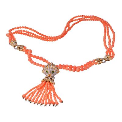 18K YELLOW GOLD ESTATE LION CORAL BEAD NECKLACE