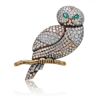 18K YELLOW GOLD FRENCH OWL DIAMOND BROOCH