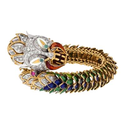 18K YELLOW GOLD HIGHLY DECORATED GREEN AND BLUE DIAMOND DRAGON BRACELET
