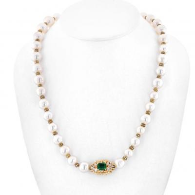 18K YELLOW GOLD PEARL DIAMOND AND GREEN EMERALD STRAND THE PRINCESS NECKLACE