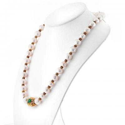 18K YELLOW GOLD PEARL DIAMOND AND GREEN EMERALD STRAND THE PRINCESS NECKLACE