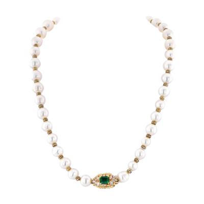 18K YELLOW GOLD PEARL DIAMOND AND GREEN EMERALD STRAND THE PRINCESS NECKLACE