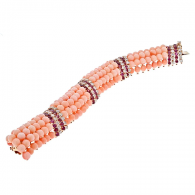 18K YELLOW GOLD PINK CORAL BEADS DIAMONDS AND RUBY MULTI ROW BRACELET