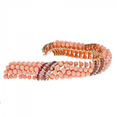 18K YELLOW GOLD PINK CORAL BEADS DIAMONDS AND RUBY MULTI ROW BRACELET