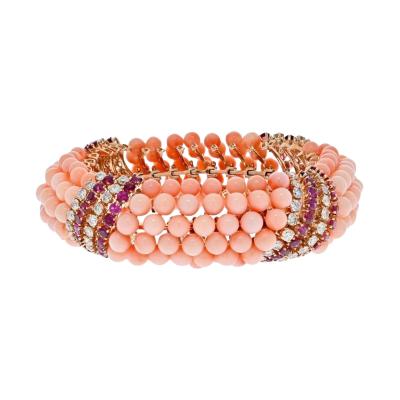 18K YELLOW GOLD PINK CORAL BEADS DIAMONDS AND RUBY MULTI ROW BRACELET