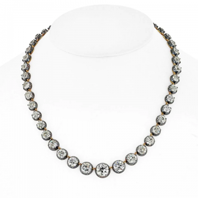 18K YELLOW GOLD SILVER 57 19CTTW OLD EUROPEAN CUT RIVIERA DIAMOND NECKLACE
