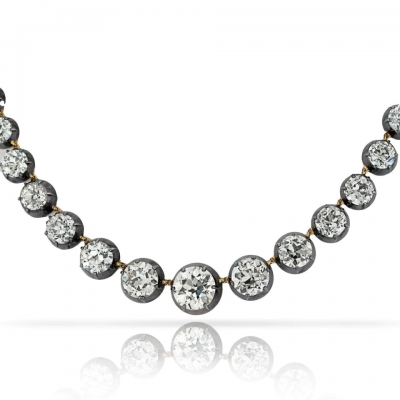 18K YELLOW GOLD SILVER 57 19CTTW OLD EUROPEAN CUT RIVIERA DIAMOND NECKLACE