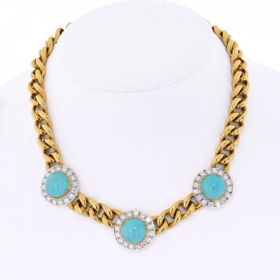18K YELLOW GOLD THREE STATION TURQUOISE AND DIAMOND NECKLACE