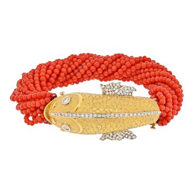 18K YELLOW GOLD TORSADE CORAL STRAND FISH BRACELET
