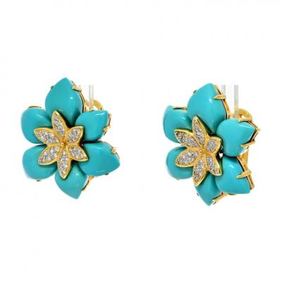 18K YELLOW GOLD TURQUOISE DIAMOND FLOWER EARRINGS