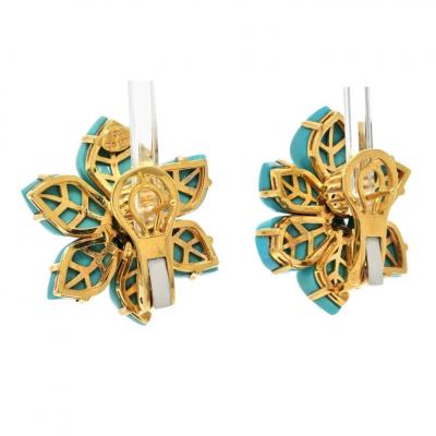 18K YELLOW GOLD TURQUOISE DIAMOND FLOWER EARRINGS