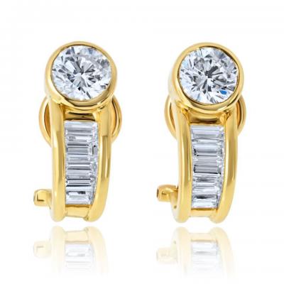 18K Yellow Gold 2 30cttw Round and Baguette Cut Diamond Earrings