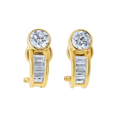 18K Yellow Gold 2 30cttw Round and Baguette Cut Diamond Earrings