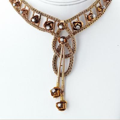 18K Yellow Gold 2 75cttw Mid Century Diamond Floral Chocker Necklace