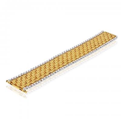 18K Yellow Gold Basket Weave Diamond Accents Carpet Bracelet