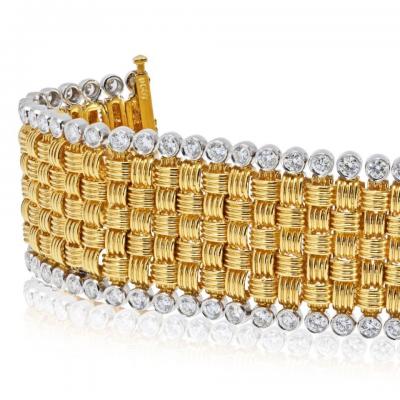 18K Yellow Gold Basket Weave Diamond Accents Carpet Bracelet