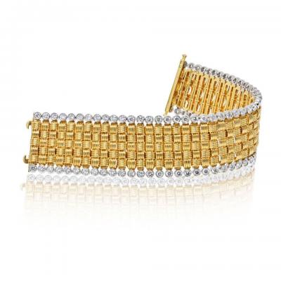 18K Yellow Gold Basket Weave Diamond Accents Carpet Bracelet