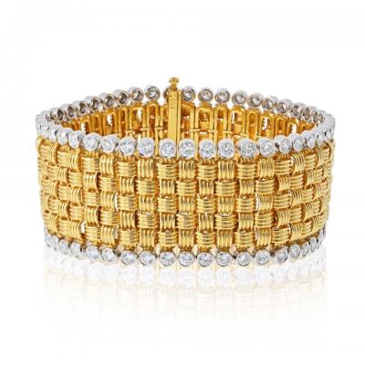 18K Yellow Gold Basket Weave Diamond Accents Carpet Bracelet