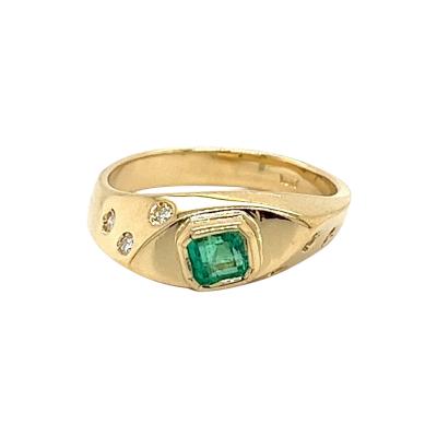 18K Yellow Gold Bezel Set Natural Emerald and Floating Round Diamond Ring