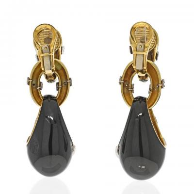 18K Yellow Gold Black Enamel Diamond Drop 6cm Earrings