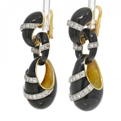 18K Yellow Gold Black Enamel Diamond Drop 6cm Earrings