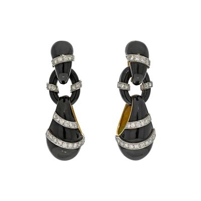 18K Yellow Gold Black Enamel Diamond Drop 6cm Earrings