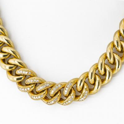 18K Yellow Gold Cuban Chain Link With Round Diamonds 18 Inches Long Necklace