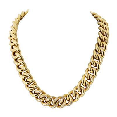 18K Yellow Gold Cuban Chain Link With Round Diamonds 18 Inches Long Necklace