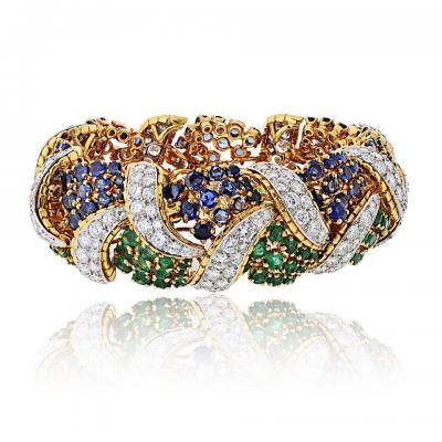 18K Yellow Gold Diamond Sapphire and Green Emerald Bracelet