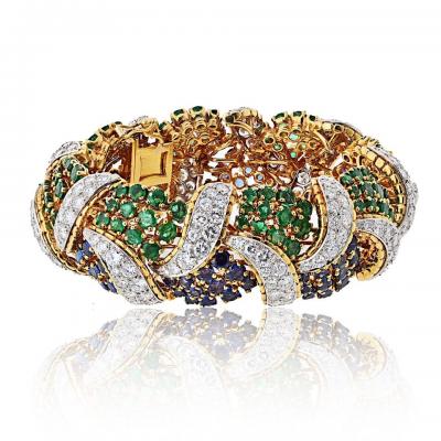 18K Yellow Gold Diamond Sapphire and Green Emerald Bracelet