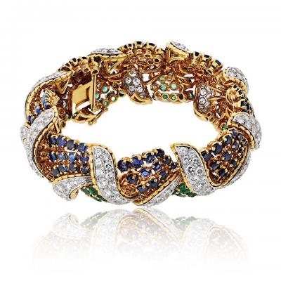 18K Yellow Gold Diamond Sapphire and Green Emerald Bracelet