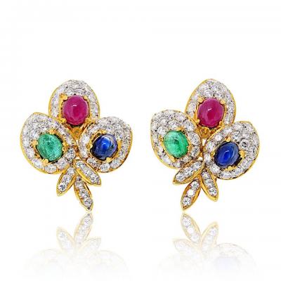 18K Yellow Gold Estate Diamond And Ruby Sapphire Emerald Earrings