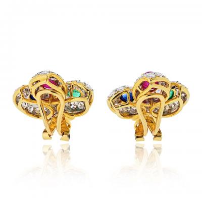 18K Yellow Gold Estate Diamond And Ruby Sapphire Emerald Earrings