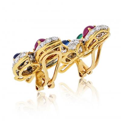 18K Yellow Gold Estate Diamond And Ruby Sapphire Emerald Earrings