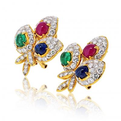 18K Yellow Gold Estate Diamond And Ruby Sapphire Emerald Earrings