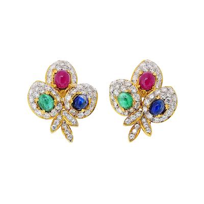 18K Yellow Gold Estate Diamond And Ruby Sapphire Emerald Earrings