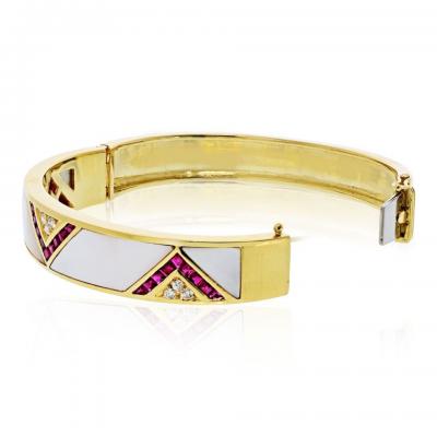18K Yellow Gold Mother Of Pearl Ruby And Diamond Bracelet