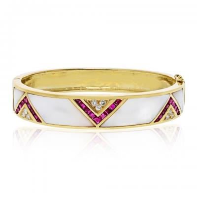 18K Yellow Gold Mother Of Pearl Ruby And Diamond Bracelet