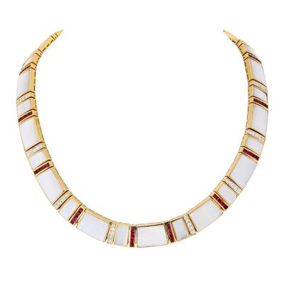 18K Yellow Gold Mother Of Pearl Ruby Diamond Necklace