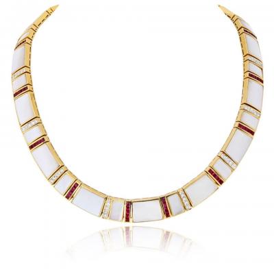 18K Yellow Gold Mother Of Pearl Ruby Diamond Necklace